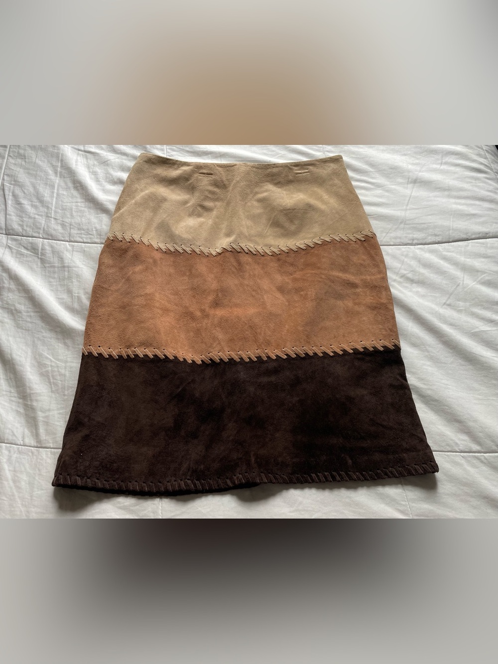 Vintage Suede Tan Brown Patchwork Mini Skirt 12‎ Western Cowgirl Chic Fall 90s